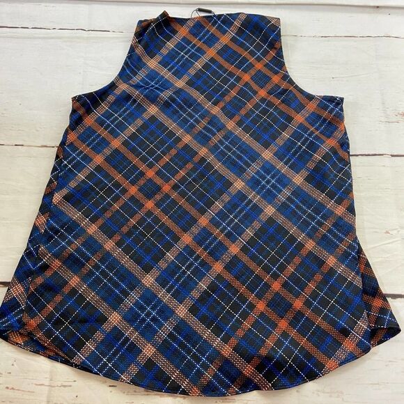 Calvin Klein blue orange plaid v neck sleeveless tank blouse top NWT womens S - Picture 6 of 6